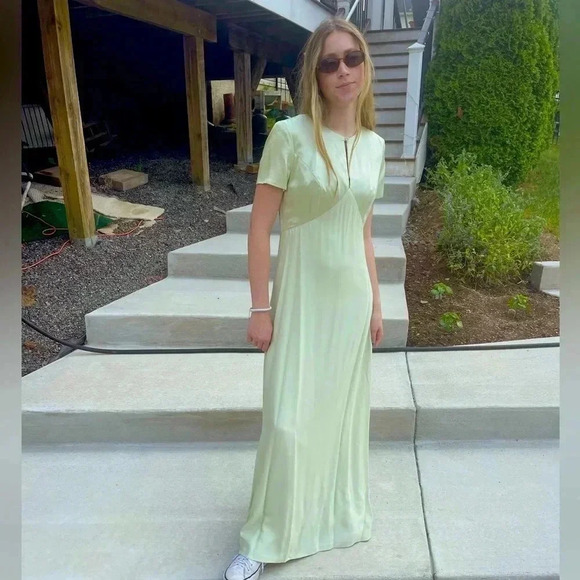 Vintage light green short sleeve keyhole satin top jewel clasp formal dress - Picture 1 of 15